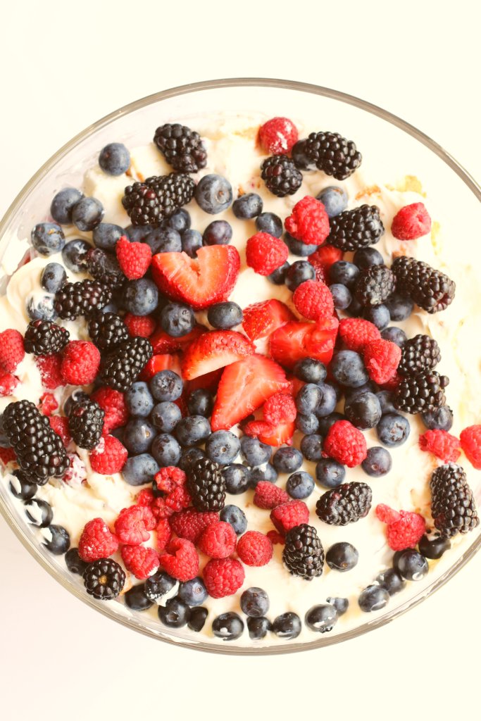 Overhead shot of red white and blue trifle in trifle dish