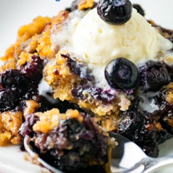 Slow Cooker Blueberry Cobbler with a scoop of ice cream and a spoon on plate
