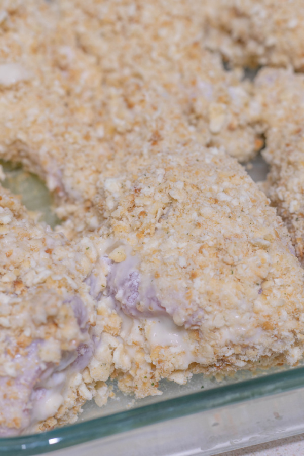 Closeup shot of crispy sour cream and onion chicken in baking dish ready to be baked
