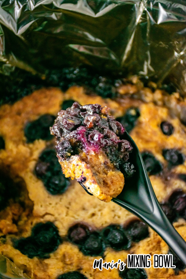 Slow Cooker Blueberry Cobbler with a spoonful taken from it