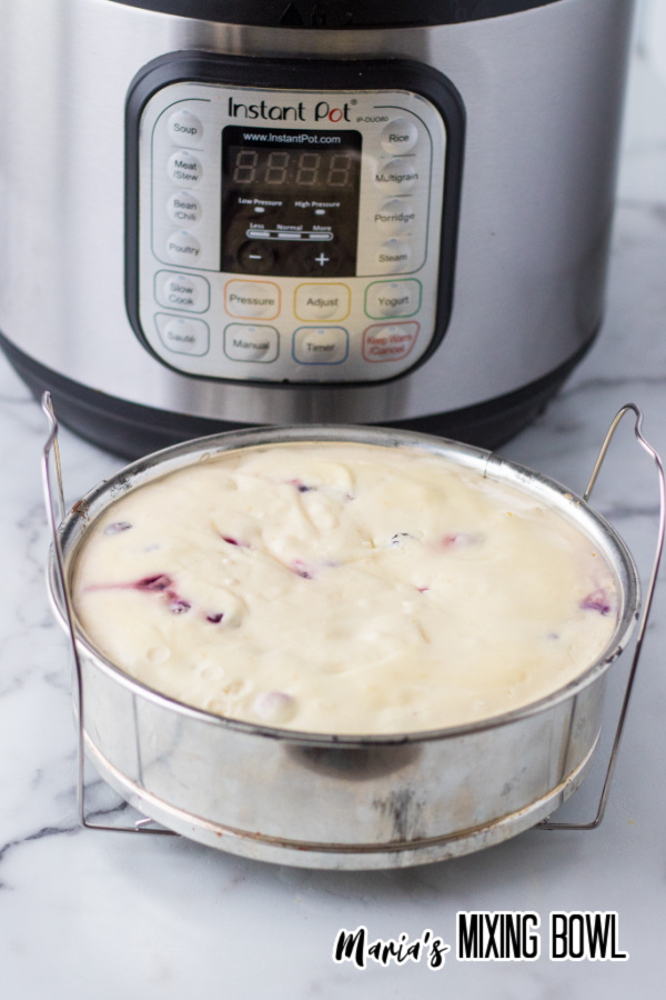 Springform pan filled with lemon blueberry cheesecake on trivet