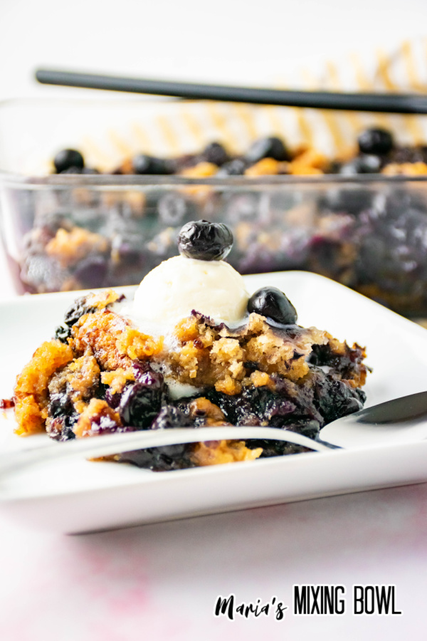 Slow Cooker Blueberry Cobbler in a white plate with ice cream on top