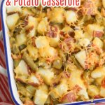 Green Bean and Potato Casserole in white baking pan red and white napkin