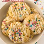 Funfetti Chocolate Chips Cookies in a white bowl with sprinkles around
