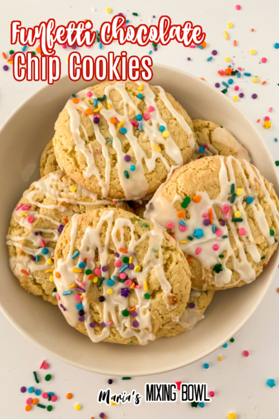 Funfetti Chocolate Chips Cookies in a white bowl with sprinkles around
