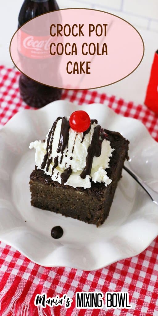 Crock Pot Coca Cola Cake on white plate red check napkin