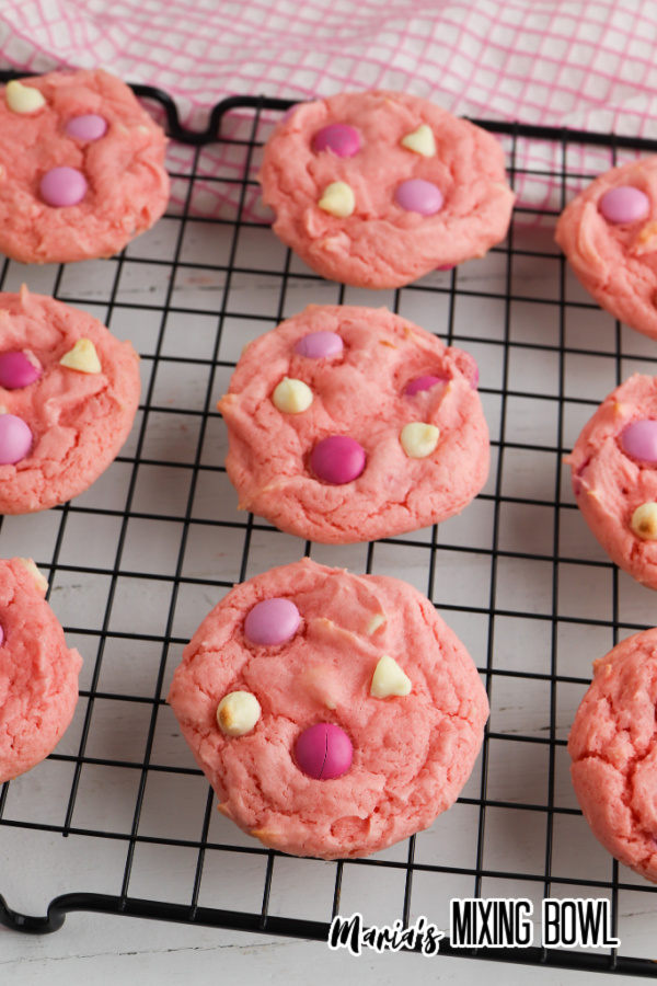 Strawberry cake cookies on wire cooling rack