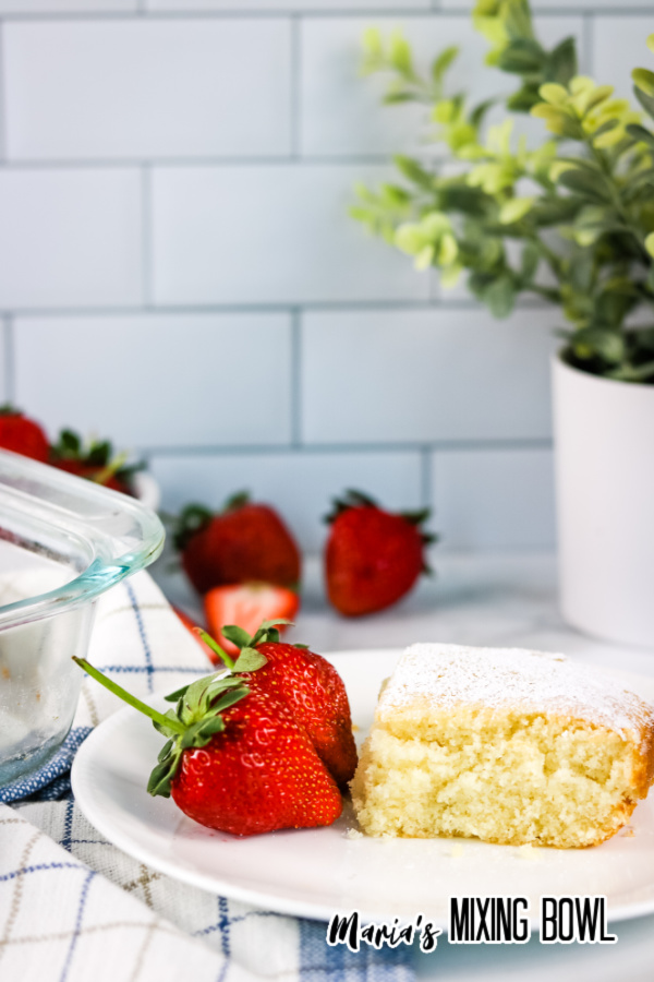 Lazy Cake Recipe with strawberries on white plate