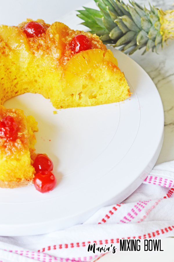 Old Fashioned Pineapple Upside Down Cake Recipe on white serving platter