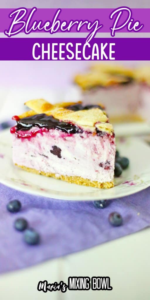 slice of blueberry pie cheesecake on a white plate