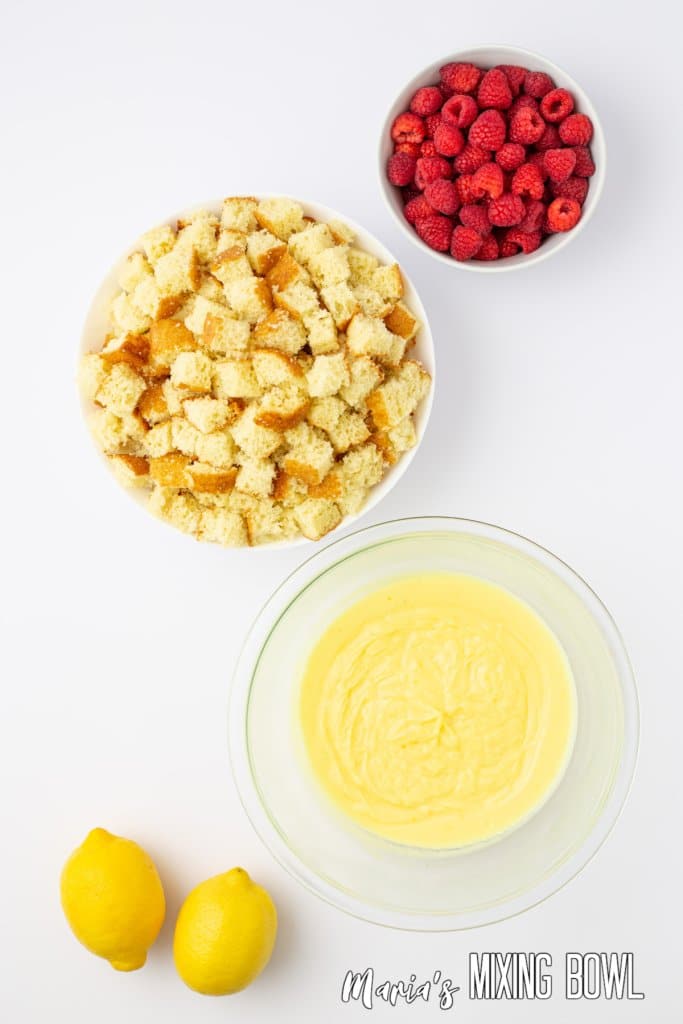 cake. pudding, and fruit on a white background to be assembled
