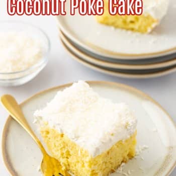 slice of pineapple coconut poke cake on a white and gold plate