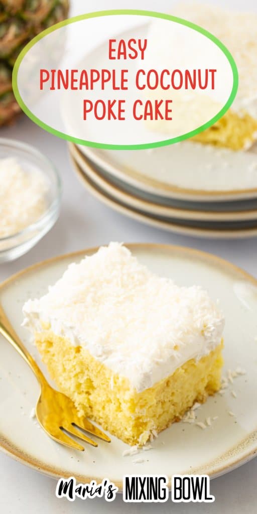slice of pineapple coconut poke cake on a white and gold plate for pitnerest