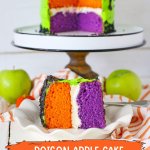 slice of poison apple cake on a white plate with a cake plate in the background