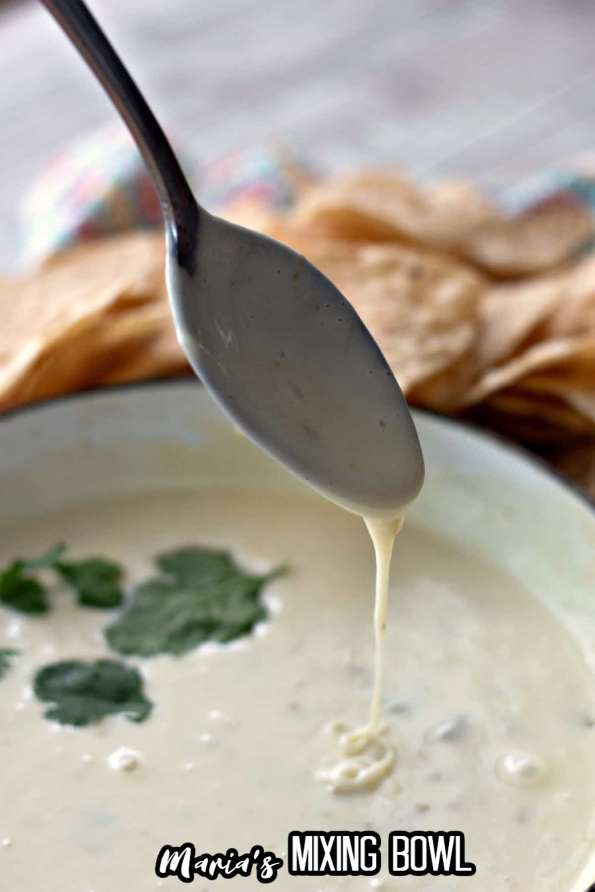 spoon with queso being poured off it