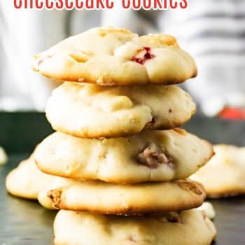 stack of strawberry cheesecake cookies on a dark plate