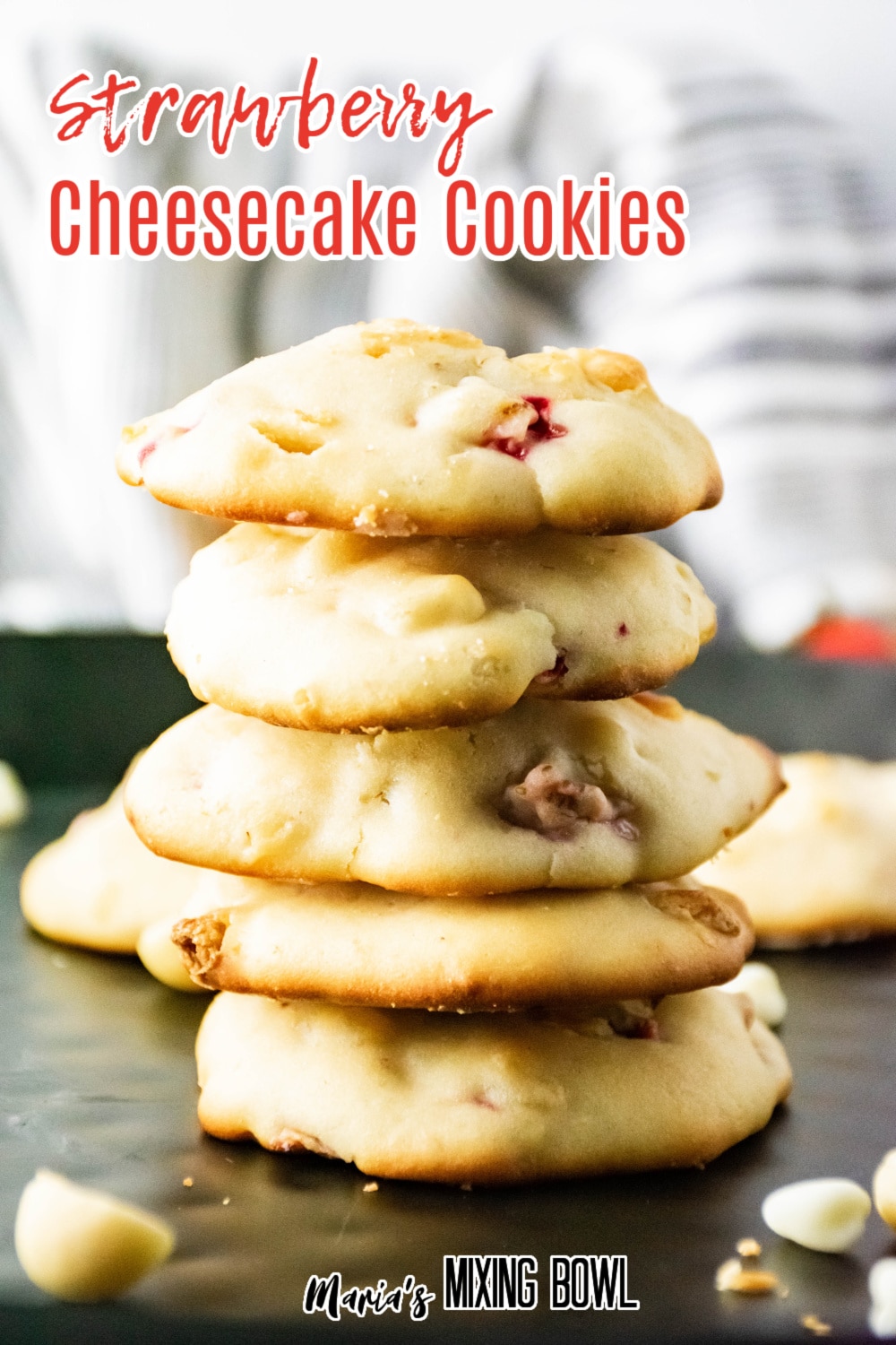 stack of strawberry cheesecake cookies on a dark plate