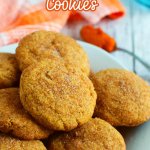 white plate of chewy pumpkin cookies with the name in text