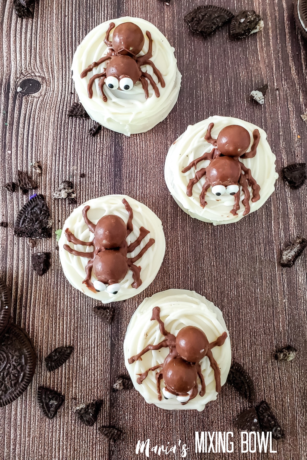 chocolate covered spider cookies on a wooden background birds eye image