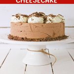 whole french silk cheescake on a white cake plate with the name in text