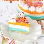 slice of no bake pumpkin cheesecake on a white plate topped with sprinkles with the name in text