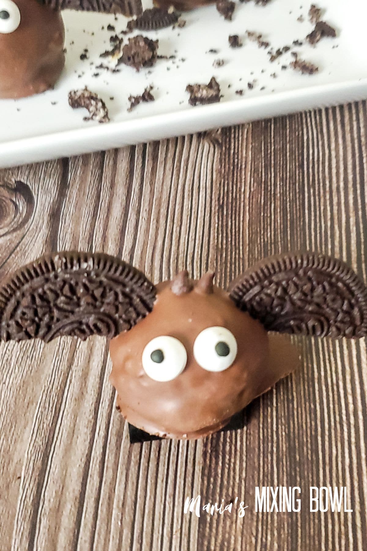 oreo bat truffle on a wooden background