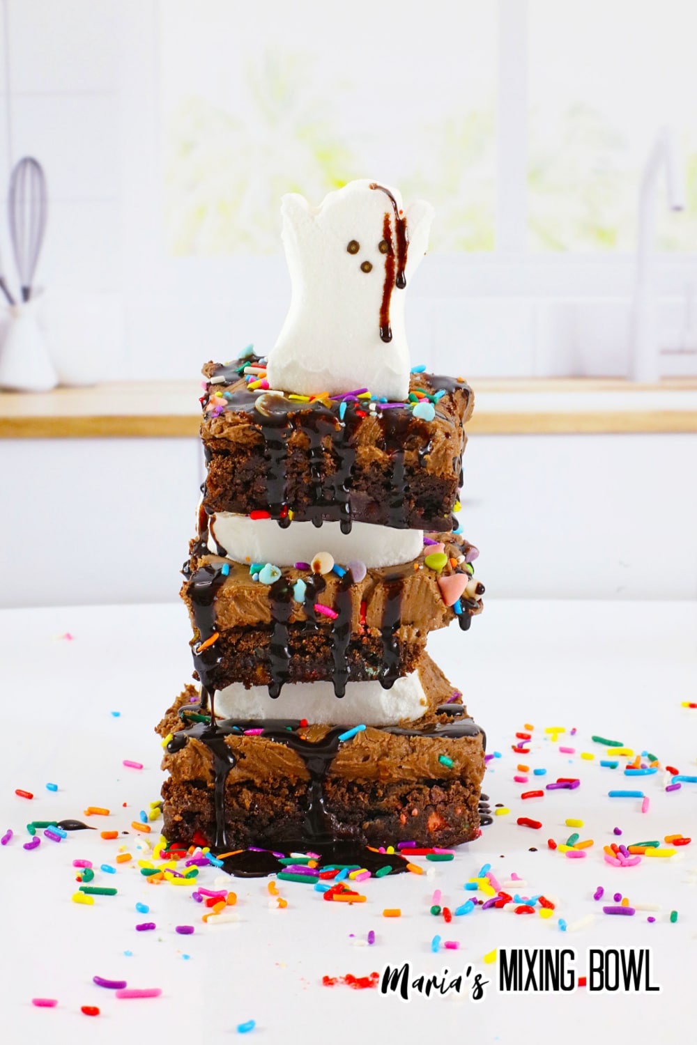 stack of three air fryer ghost brownies on a white table