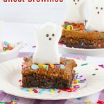 air fryer ghost brownie on a white plate with the name in text