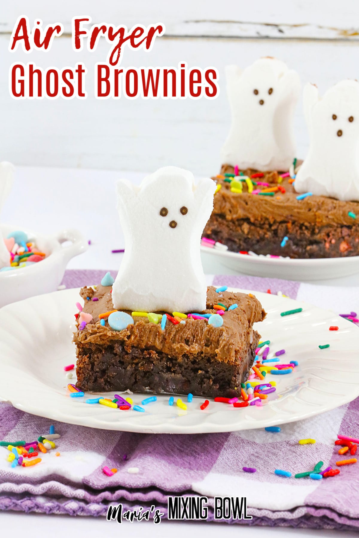 air fryer ghost brownie on a white plate with the name in text