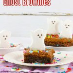 air fryer ghost brownie on a white plate with the name in text