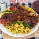 air fryer turkey legs on a bed of stuffing with the name in text