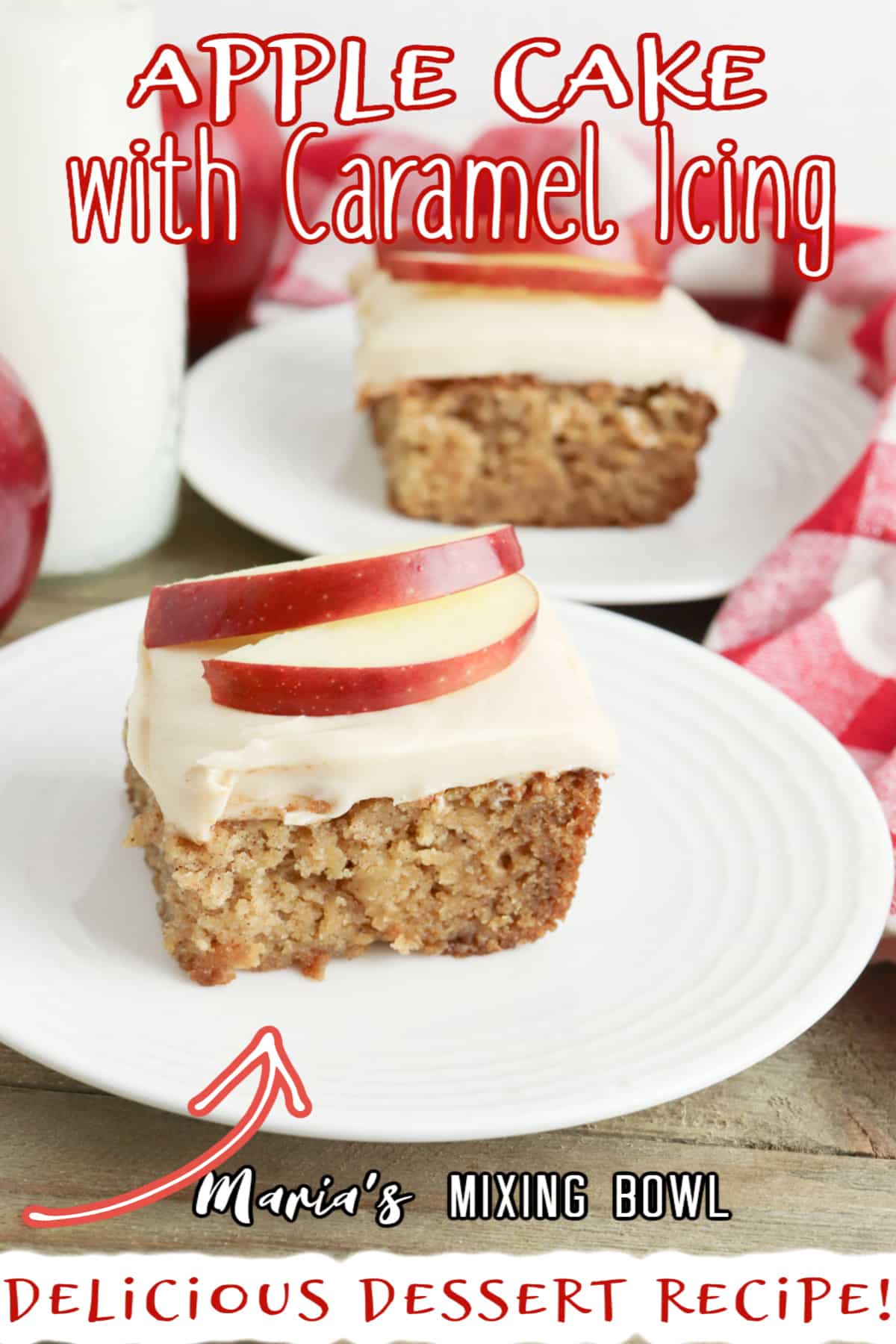 slice of apple cake with caramel icing on a white plate