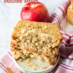 three slices of apple streusel cake on a small off white plate