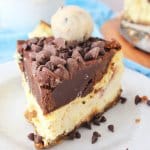 slice of cookie dough cheesecake on a white plate