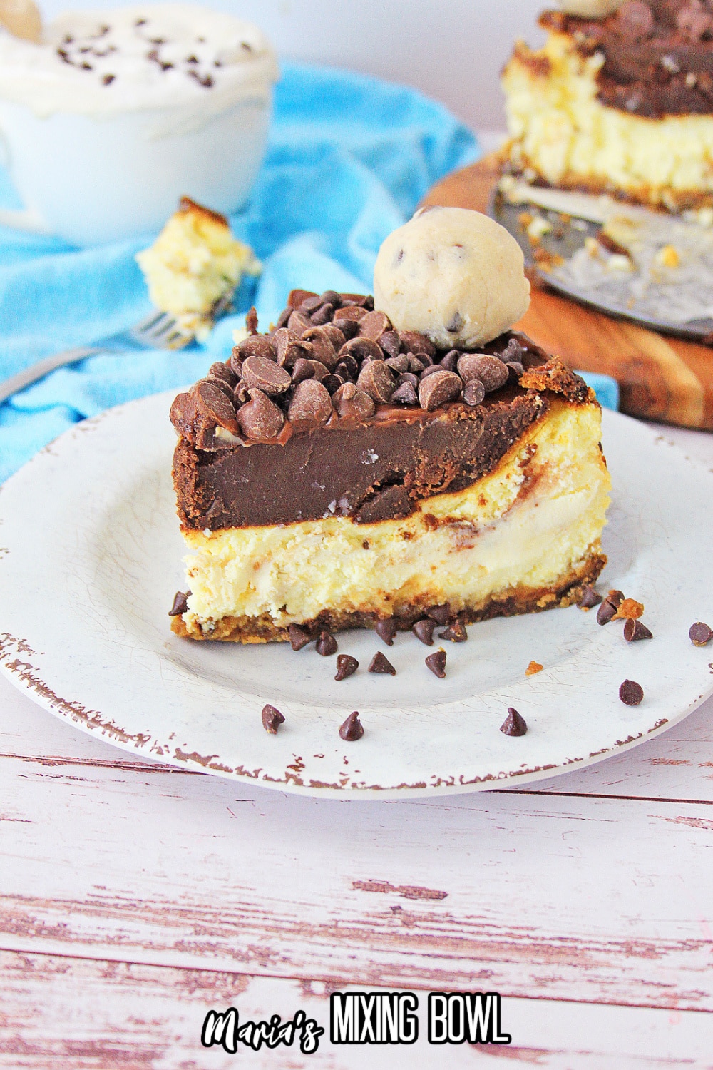 slice of cookie dough cheesecake on a white plate