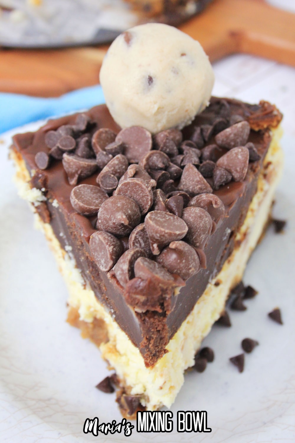 slice of cookie dough cheesecake on a white plate
