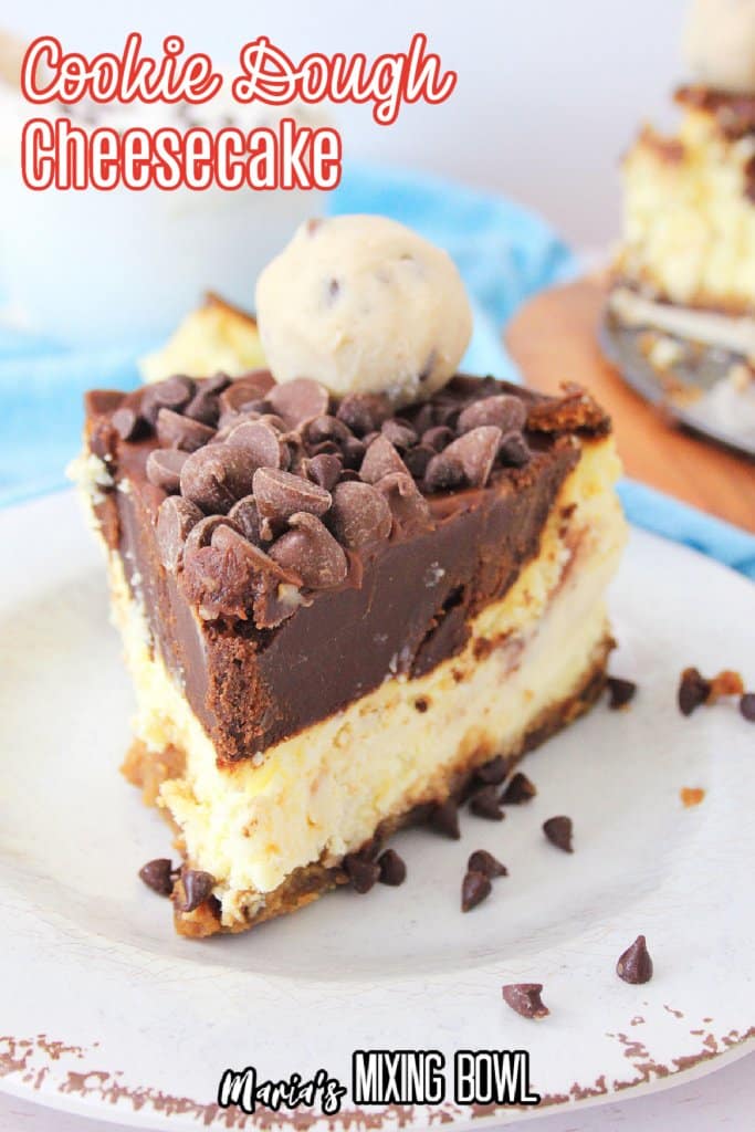 slice of cookie dough cheesecake on a white plate