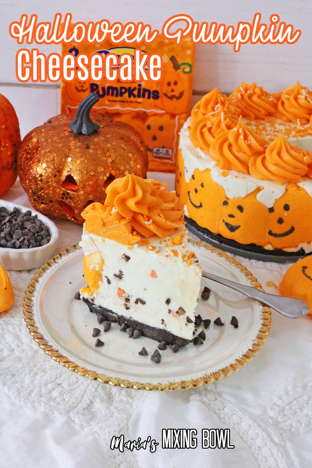 slice of halloween pumpkin cheesecake on a white plate with good trim