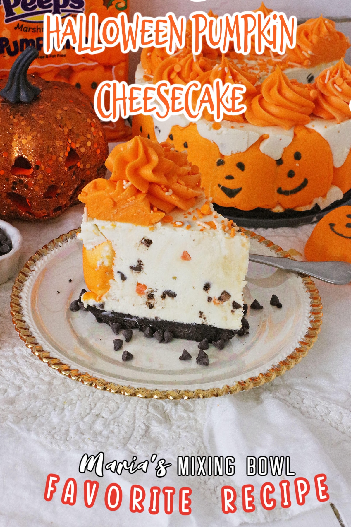 slice of halloween pumpkin cheesecake on a white plate with good trim