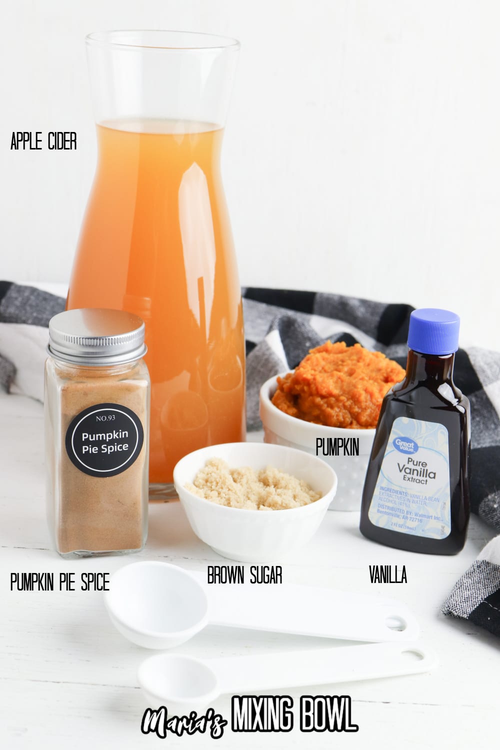 apple cider, pie spice, brown sugar, puree, and vanilla on a white backdrop