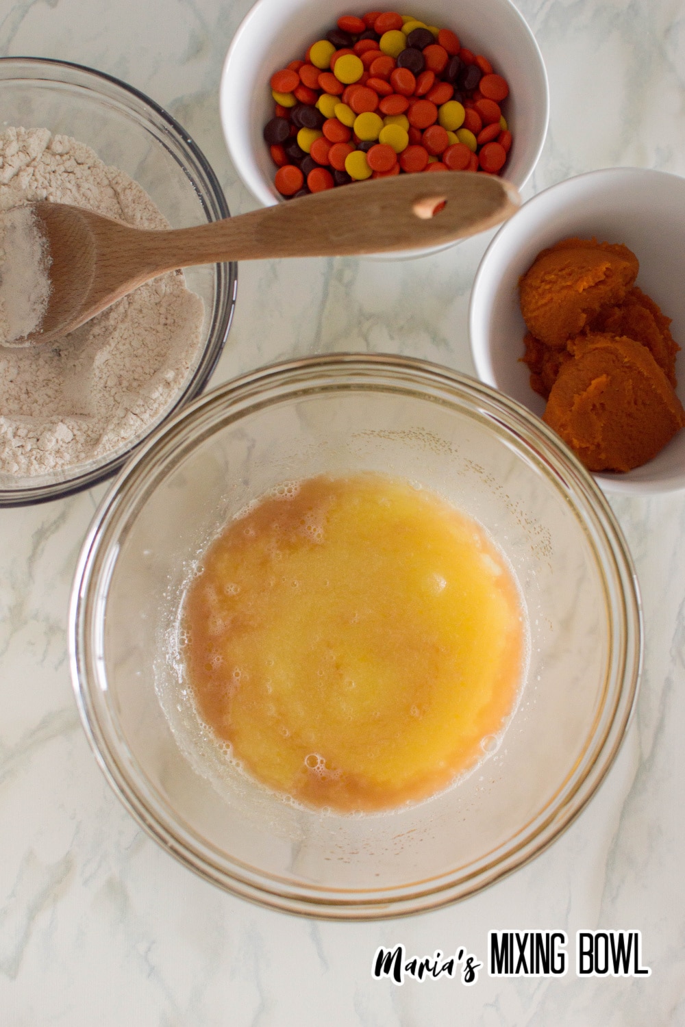 melted butter and vanilla extrac in a mixing bowl