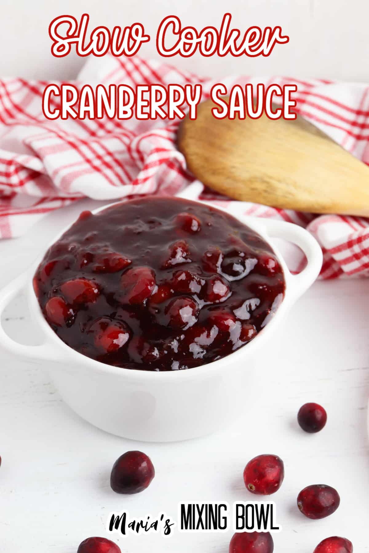 small white bowl of slow cooker cranberry sauce with the name in text