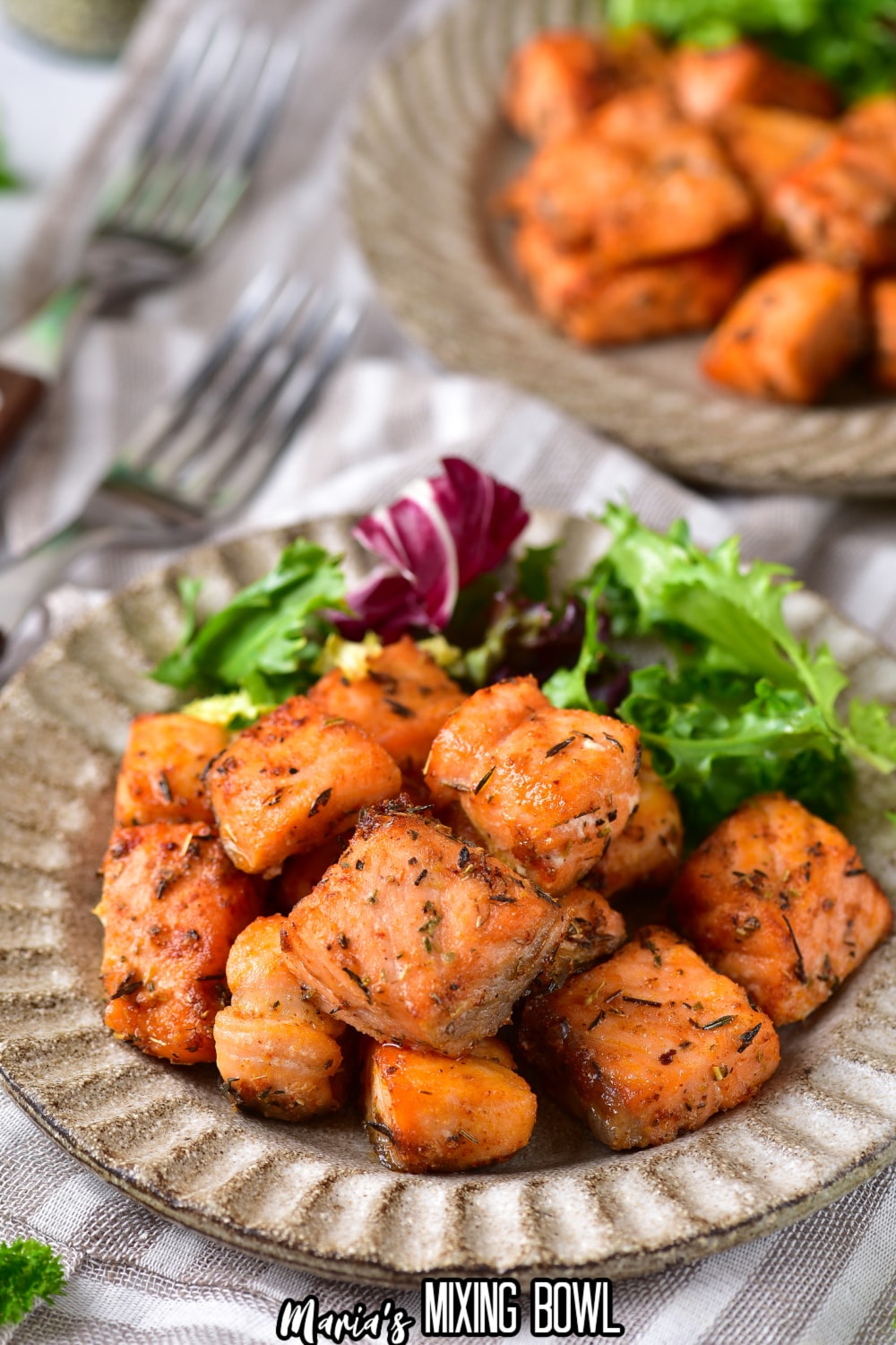 air fryer salmon bites on a plate with salad as a side