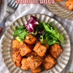 air fryer salmon bites on a plate with salad as a side
