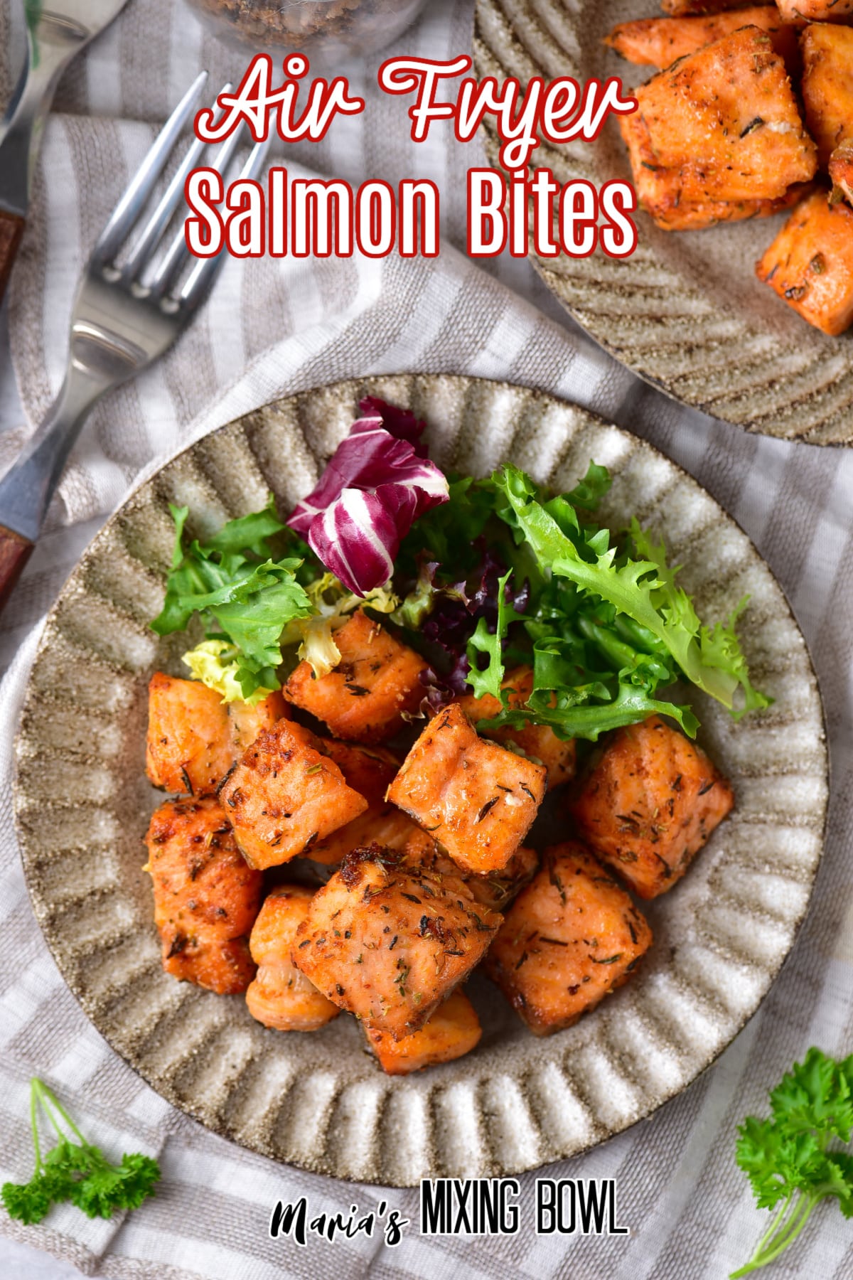 air fryer salmon bites on a plate with salad as a side