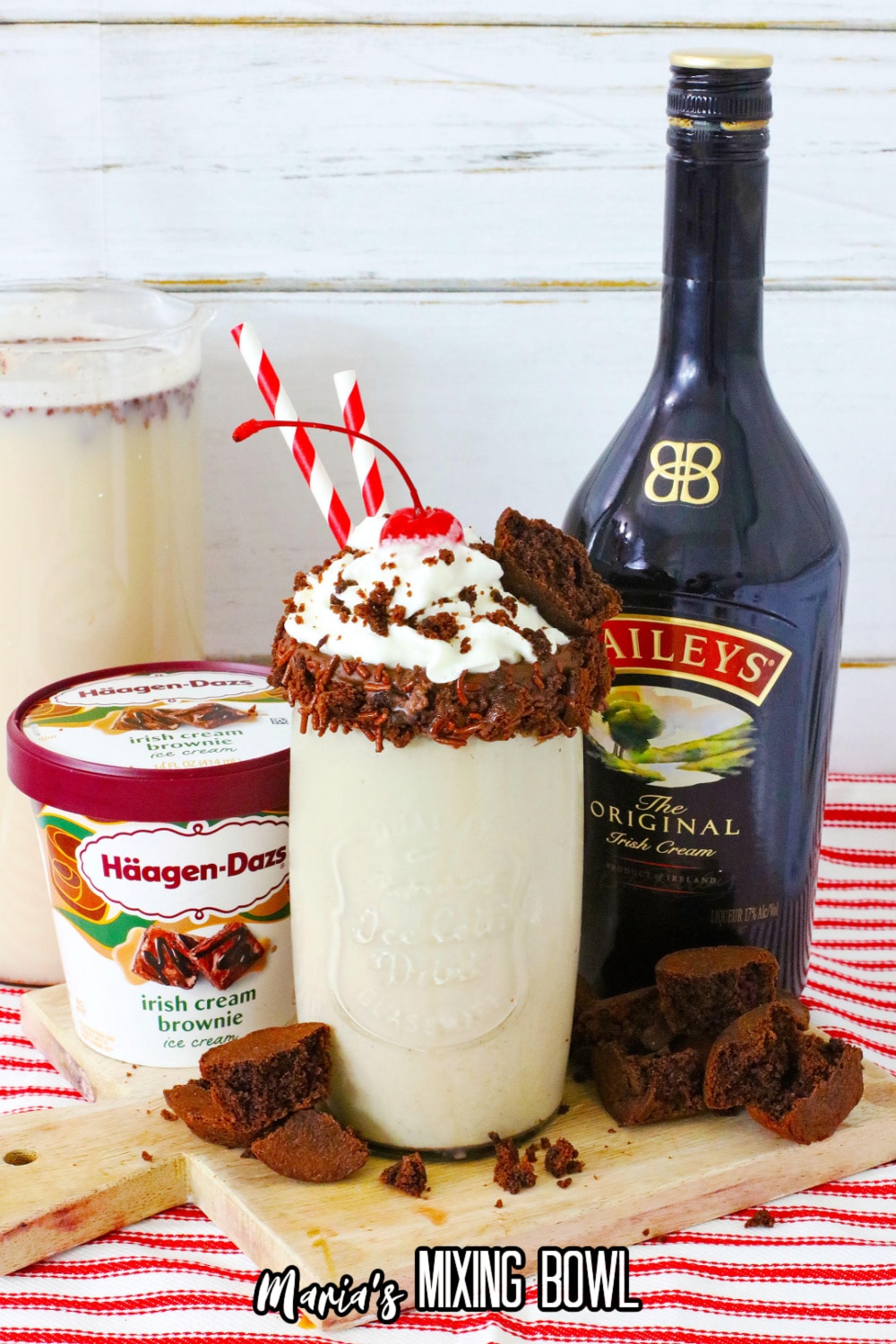 finished baileys milkshake on a wooden cutting board