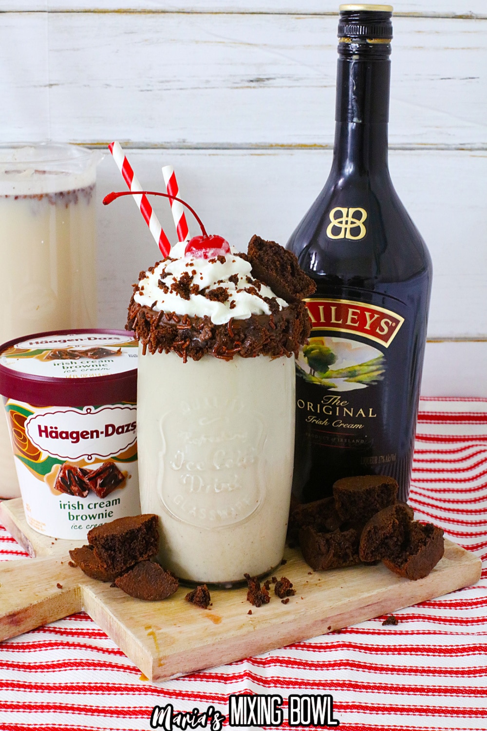 finished baileys milkshake on a wooden cutting board