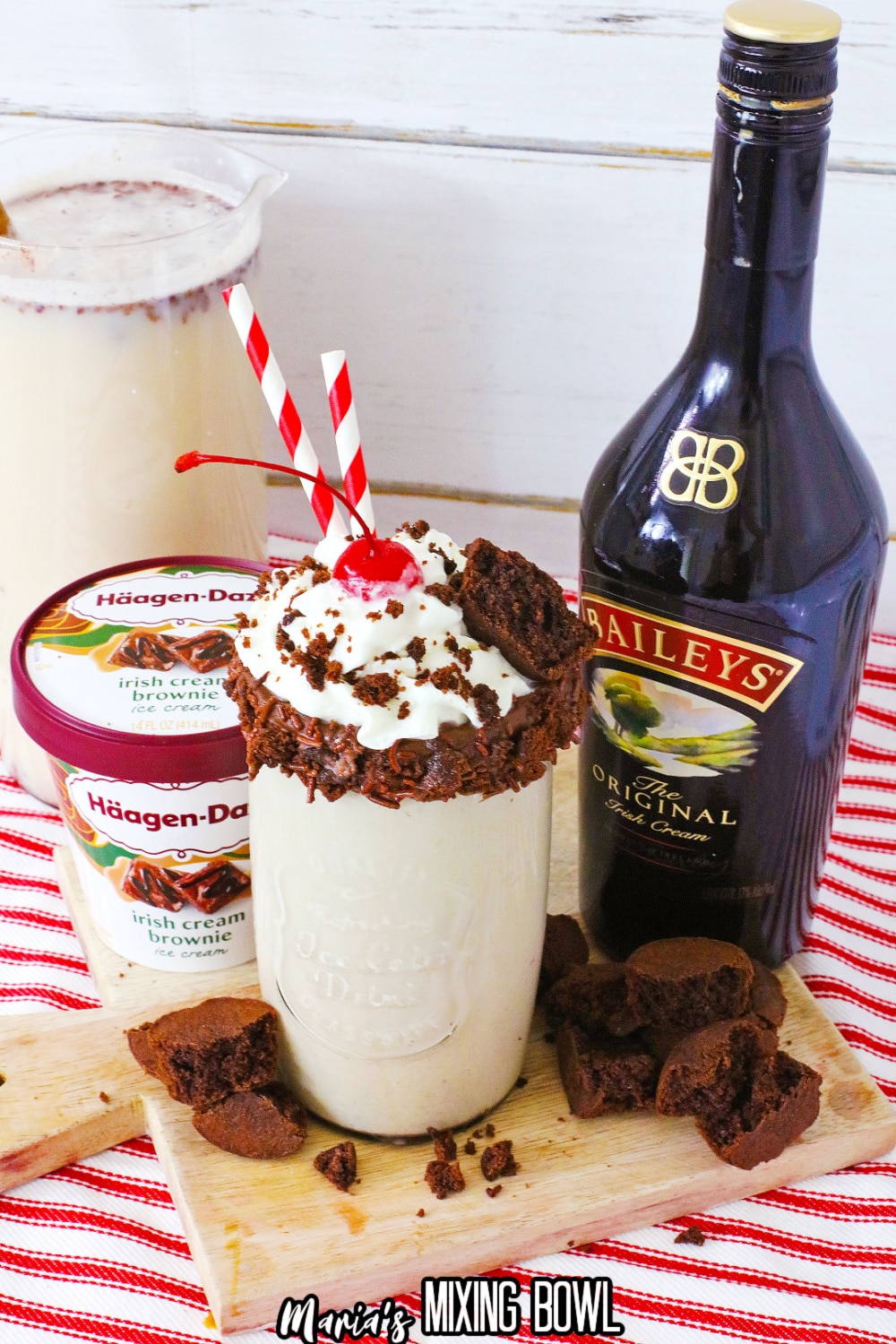 finished baileys milkshake on a wooden cutting board