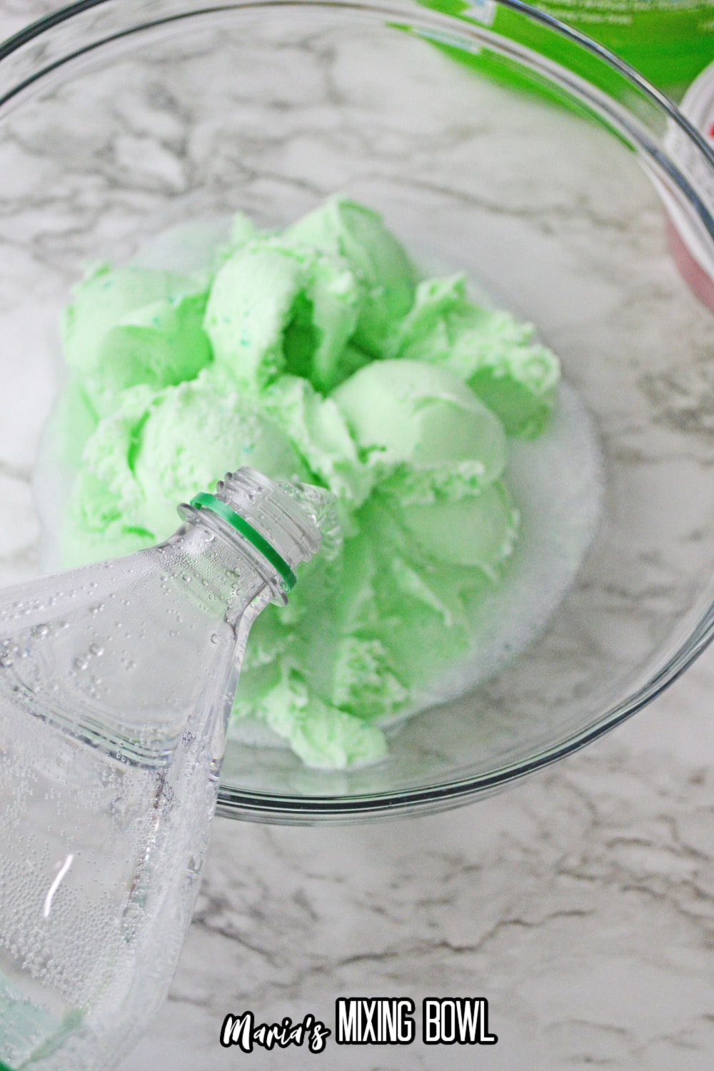 lime sherbet and sprite in a glass bowl