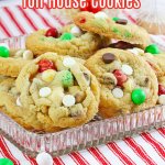 christmas toll house cookies stacked on a glass plate with the name in text for pinterest